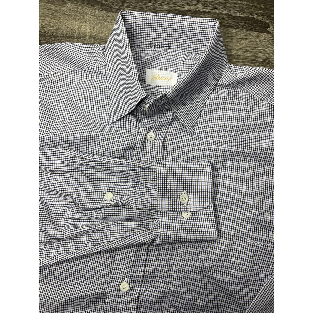 Brioni Shirt Mens Medium Check Plaid Button Up Office Career Italy Brown/Blue
